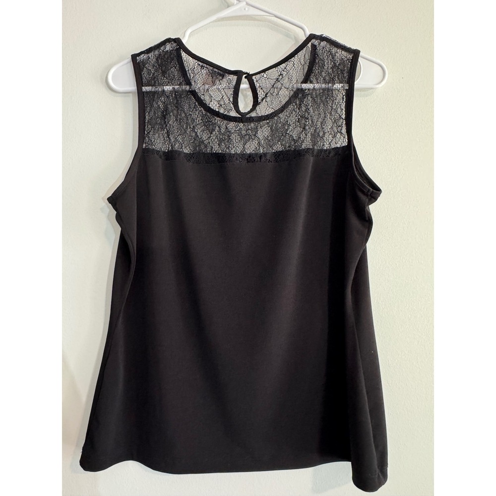 Calvin Klein Lace Yoke Sleeveless Blouse Womens Medium Black Keyhole Back‎